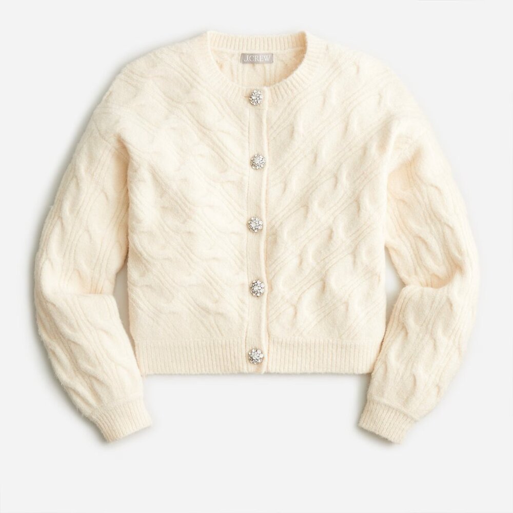 NWT J.Crew Cable-knit Cardigan Sweater in Heather Muslin with Jewel Buttons L